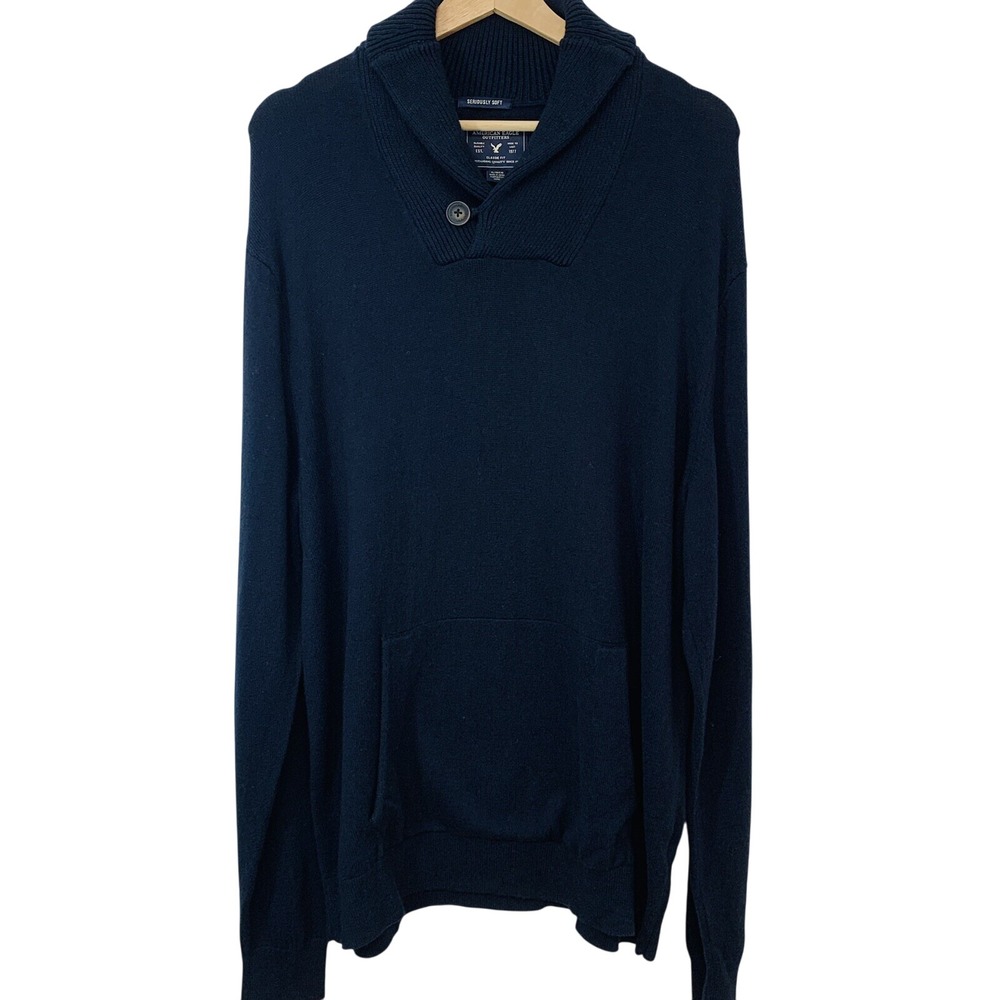 Americal Eagle Shaw Collar Seriously Soft Cotton‎ Wool Sweater Men XL Navy Blue
